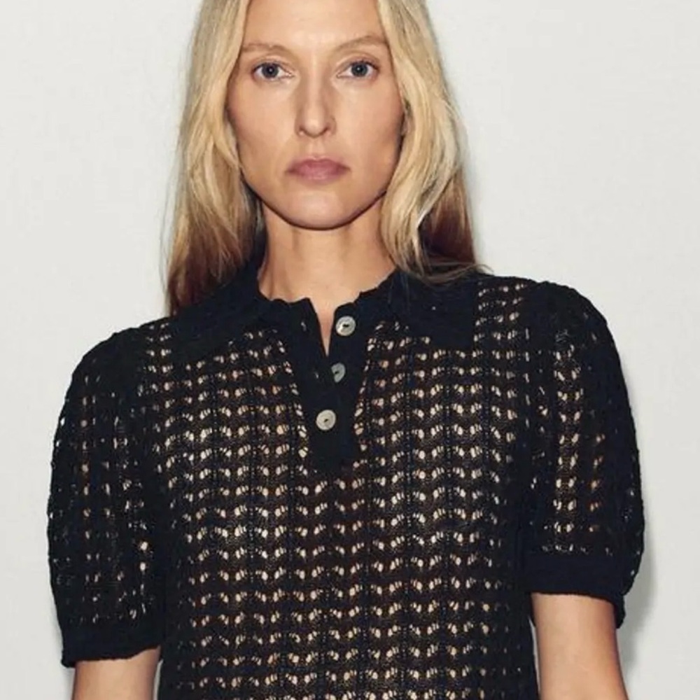Zara Black Pointelle Knit Puff Sleeve Polo Top